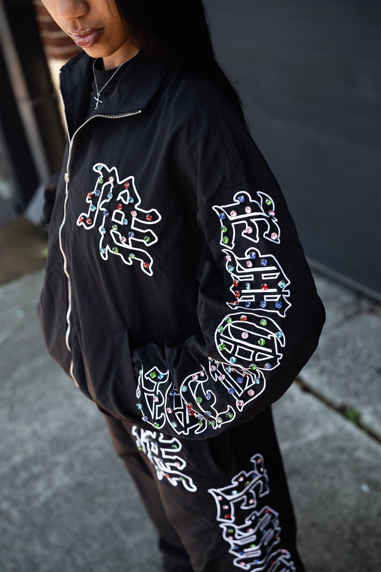Mixed Emotions “ME” Rhinestone Nylon Jacket