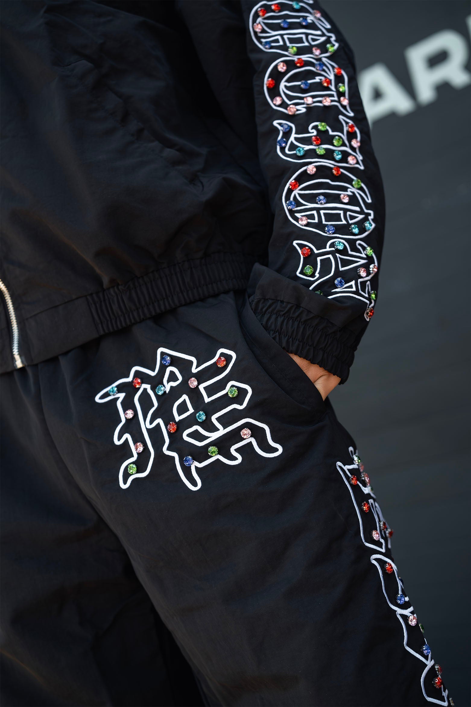Mixed Emotions “ME” rhinestone Nylon Pants