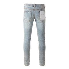 Purple Jeans Designer Stack European Jeans Men Embroidery Quilting Ripped For Vintage Pant Mens Fold Slim 9005