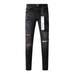 Purple Jeans - Distressed Black Denim with Knee Slit and Ripped Hole 9045