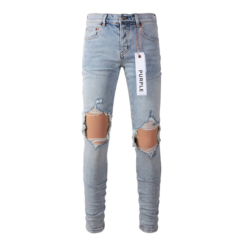 Purple Jeans Light Blue Vintage Personality Fashion Ripped Jeans 9010