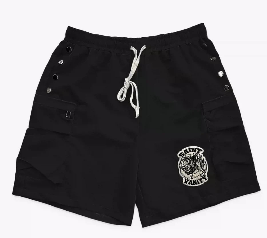 SAINT VANITY Button Embroidered Patchwork Casual Shorts