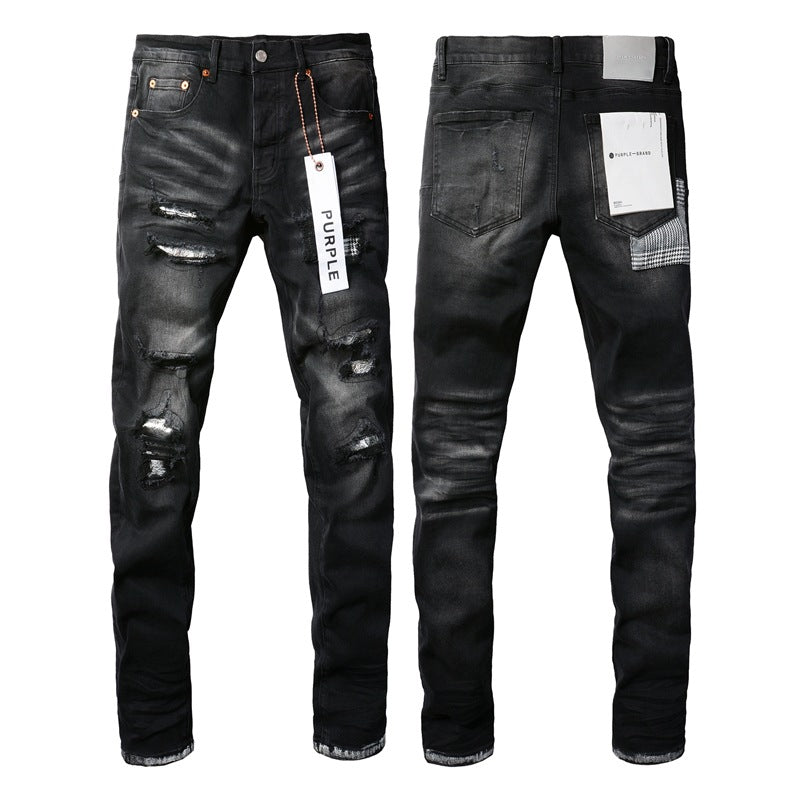 Purple Jeans Fashion Men Black Jeans Distressed Hole Unique Personality 9001
