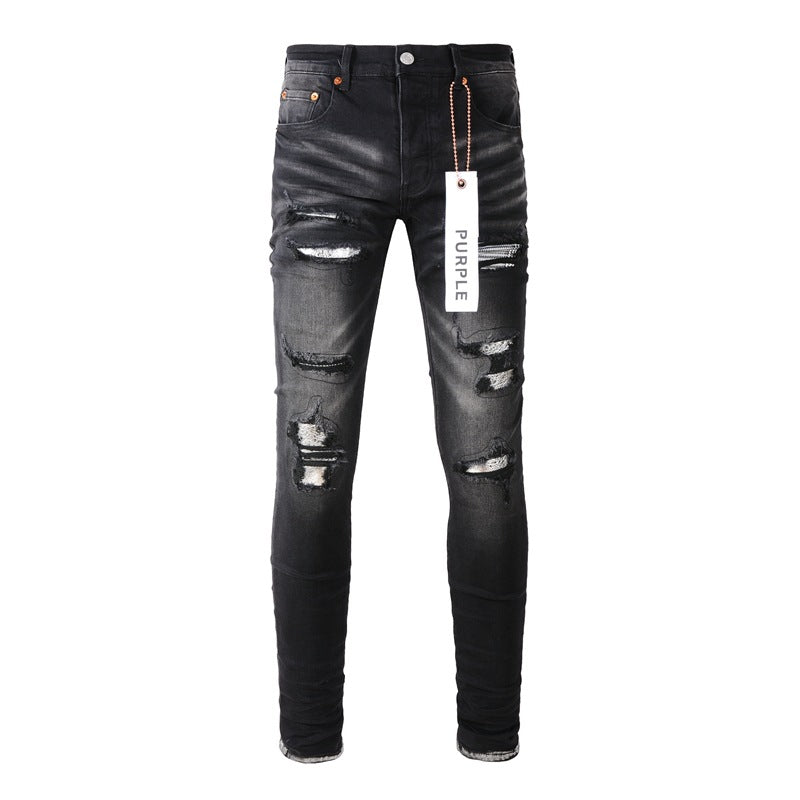 Purple Jeans Fashion Men Black Jeans Distressed Hole Unique Personality 9001
