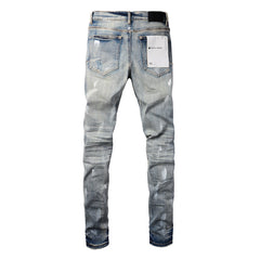 Purple Jeans Designer Women Purple High Street Purple Denim Black Long Mid Pants Hole for Men Purple Jeans 9043