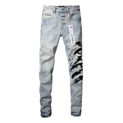 9048 Mens Purple Skinny Jeans with Ripped Detail Fashionable Denim Biker Pants with Patches and Printed Design Jeans Purple