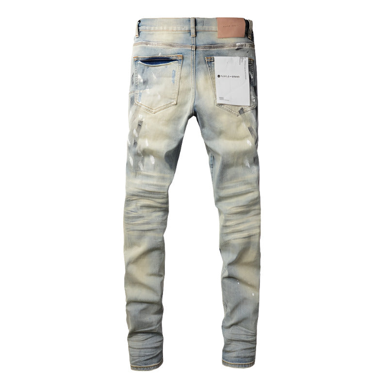 Purple Jeans Fashion Men Black Jeans Distressed Hole Unique Personality 9007