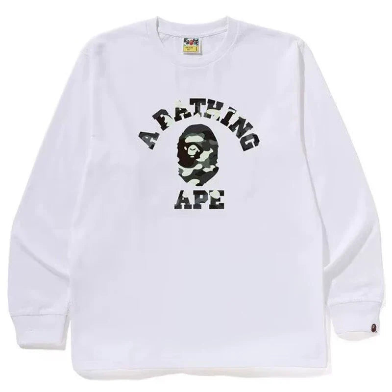 BAPE Style Arch Logo Monochrome Camo Ape Head Long-Sleeve Tee - White
