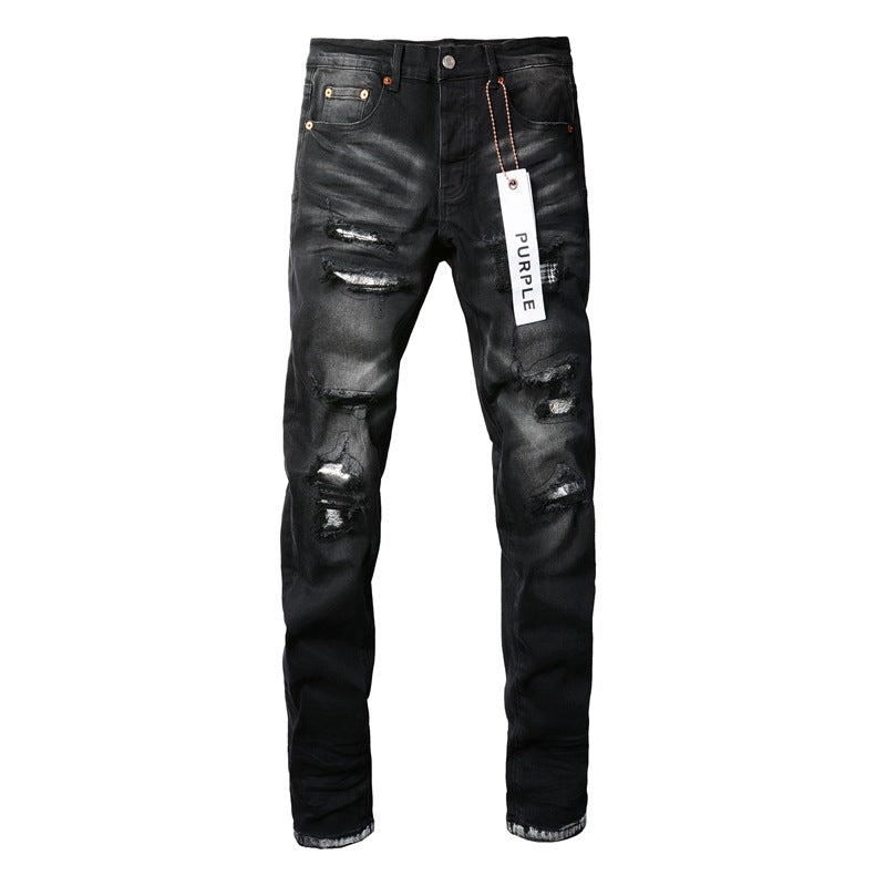 Purple Jeans Fashion Men Black Jeans Distressed Hole Unique Personality 9001