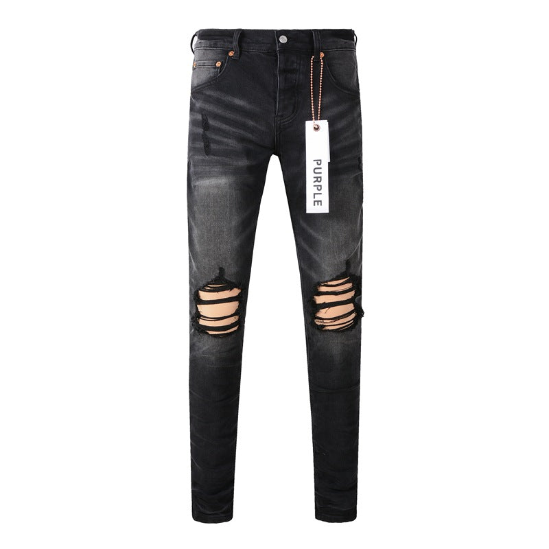 Purple Jeans  New Fashion Men Black Jeans Distressed Hole Unique Personality