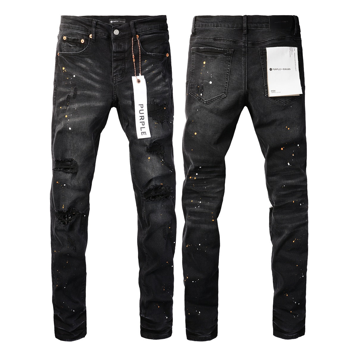 Purple Jeans - Distressed Black Denim with Knee Slit and Ripped Hole 9045