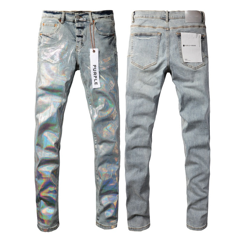 Purple Jeans Designer Stack European Jeans Men Embroidery Quilting Ripped For Vintage Pant Mens Fold Slim 9005